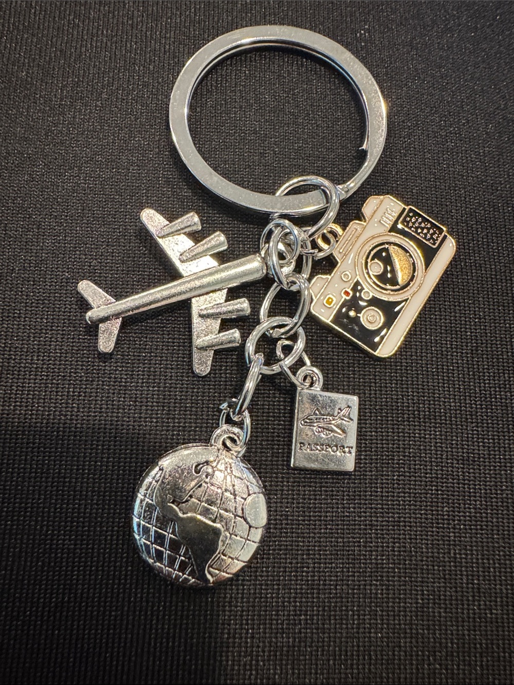 Silver Travel Charm Keychain with Plane, Globe & Camera Charms